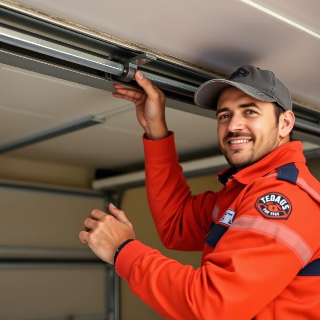 Milford Garage Doors technician installing weather seal on residential garage door